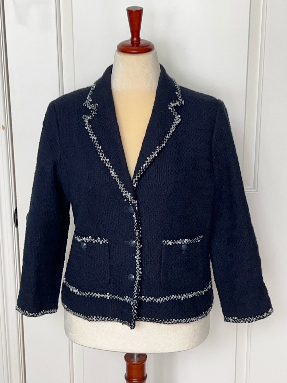 Talbots Navy Bouclé Jacket with Contrast Trim
